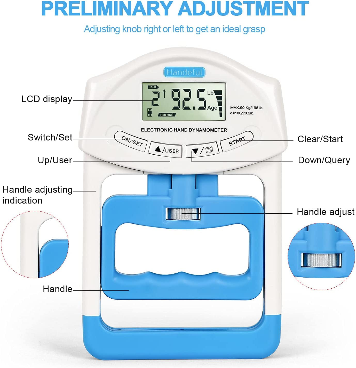Hand Dynamometer Grip Strength Trainer - Electronic Hand Grip Strength Tester Grip Strengthener Hand Exerciser Meter Digital Hand Grip Training Gauge 198Lbs / 90Kgs